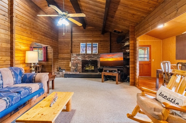 19 Canoe Ct, Jemez Springs, NM 87025 - carpeted living room with wooden walls, ceiling fan, and wood ceiling