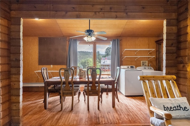 19 Canoe Ct, Jemez Springs, NM 87025 - dining area featuring washer and dryer, rustic walls, baseboard heating, hardwood / wood-style flooring, and a ceiling fan