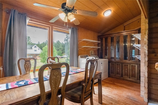 19 Canoe Ct, Jemez Springs, NM 87025 - dining room with independent washer and dryer, wooden ceiling, vaulted ceiling, light wood finished floors, and a ceiling fan