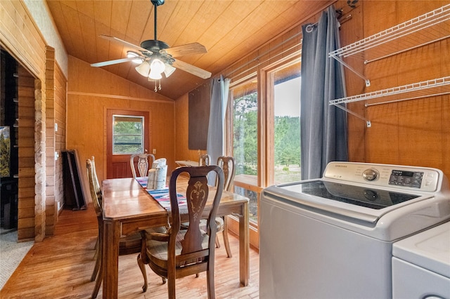 19 Canoe Ct, Jemez Springs, NM 87025 - dining room with wooden ceiling, light wood finished floors, lofted ceiling, and ceiling fan