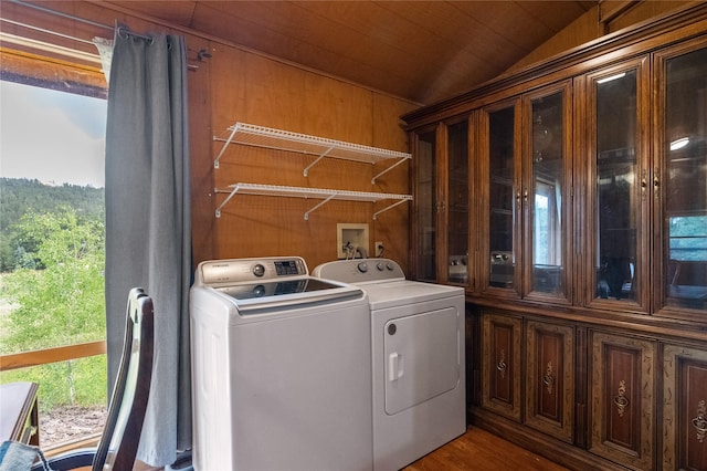 19 Canoe Ct, Jemez Springs, NM 87025 - laundry area featuring washing machine and clothes dryer, healthy amount of natural light, wooden walls, and wooden ceiling