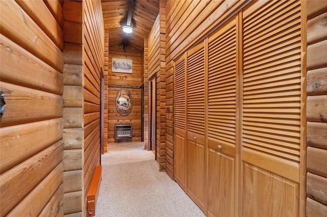19 Canoe Ct, Jemez Springs, NM 87025 - hall featuring carpet flooring, heating unit, rustic walls, and wooden walls