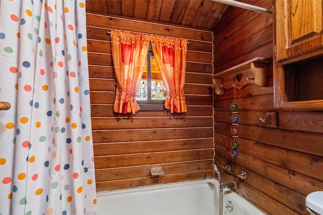 19 Canoe Ct, Jemez Springs, NM 87025 - bathroom featuring wood ceiling, wood walls, and shower / bath combination with curtain