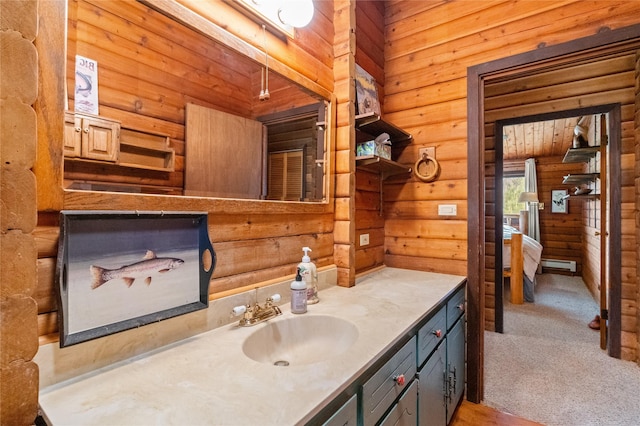 19 Canoe Ct, Jemez Springs, NM 87025 - bathroom with vanity, rustic walls, and a baseboard heating unit