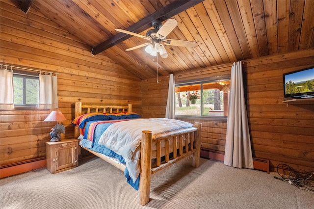 19 Canoe Ct, Jemez Springs, NM 87025 - bedroom with wooden ceiling, light colored carpet, a baseboard radiator, wood walls, and ceiling fan