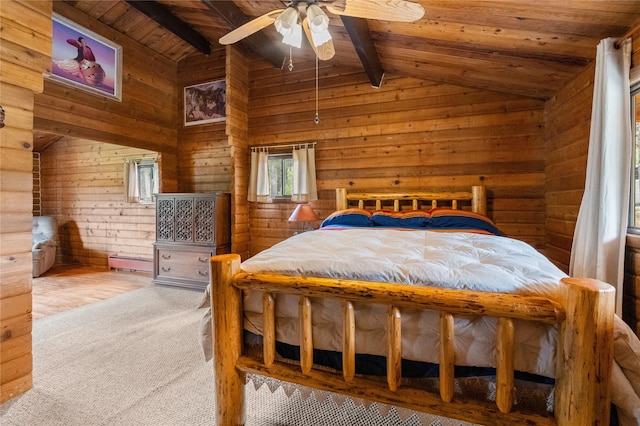 19 Canoe Ct, Jemez Springs, NM 87025 - bedroom with wooden ceiling, wooden walls, and a ceiling fan
