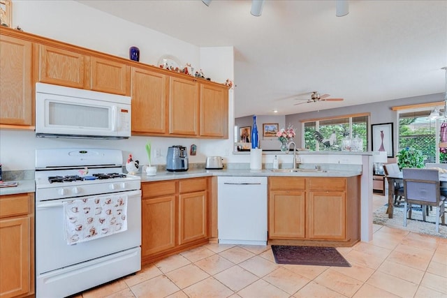 3 Hunters Run, Santa Fe, NM 87508 - kitchen featuring white appliances, a peninsula, light countertops, and a ceiling fan