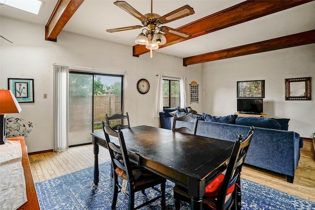 4 Village Pl, White Rock, NM 87547 - dining space featuring beamed ceiling, a ceiling fan, light wood-style flooring, and a skylight