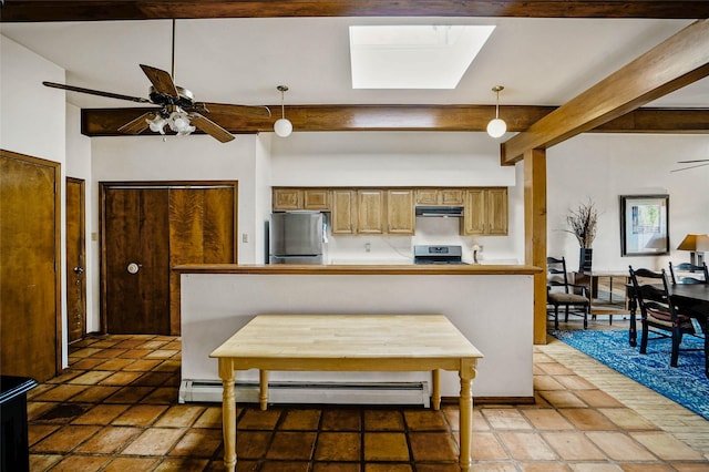 4 Village Pl, White Rock, NM 87547 - kitchen featuring beam ceiling, appliances with stainless steel finishes, a baseboard heating unit, ceiling fan, and a skylight