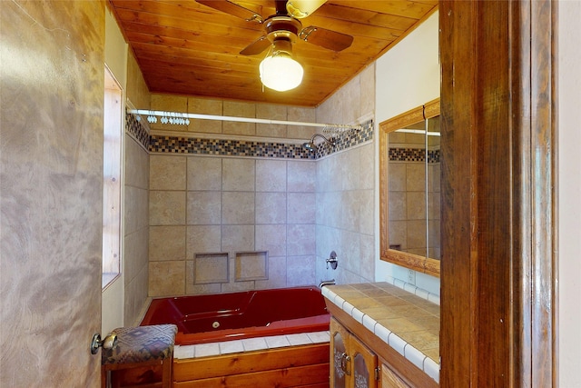 986 Alamo Rd, Los Alamos, NM 87544 - bathroom featuring ceiling fan, wooden ceiling, vanity, and a combined bath / shower with jetted tub
