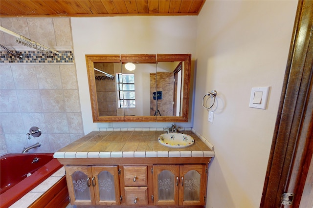986 Alamo Rd, Los Alamos, NM 87544 - full bath with vanity, wood ceiling, and tiled shower / bath combo