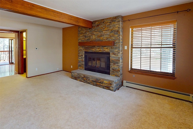 986 Alamo Rd, Los Alamos, NM 87544 - unfurnished living room featuring a baseboard radiator, a stone fireplace, beamed ceiling, and carpet