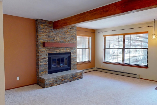 986 Alamo Rd, Los Alamos, NM 87544 - unfurnished living room with carpet flooring, beamed ceiling, a stone fireplace, and baseboard heating
