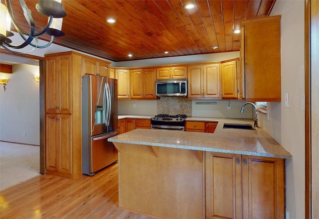 986 Alamo Rd, Los Alamos, NM 87544 - kitchen featuring stainless steel appliances, wooden ceiling, a peninsula, recessed lighting, and light wood-style floors