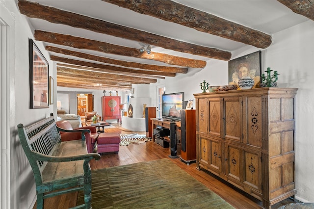 3B Camino Miguel, Santa Fe, NM 87506 - living room featuring beam ceiling and hardwood / wood-style flooring