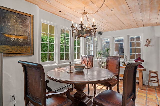 3B Camino Miguel, Santa Fe, NM 87506 - dining space with wooden ceiling, a chandelier, and a baseboard radiator