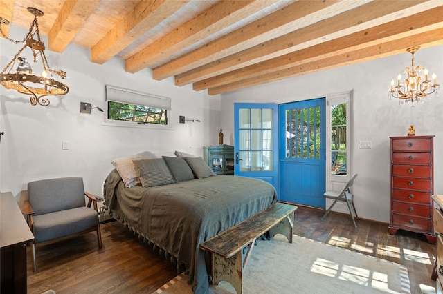 3B Camino Miguel, Santa Fe, NM 87506 - bedroom with a chandelier, hardwood / wood-style floors, and beamed ceiling