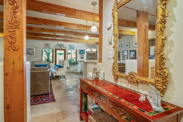 659 Bishops Ldg Unit 1 & 2, Santa Fe, NM 87501 - corridor featuring beamed ceiling and a chandelier