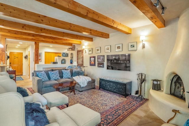 659 Bishops Ldg Unit 1 & 2, Santa Fe, NM 87501 - living room featuring beam ceiling and tile patterned floors