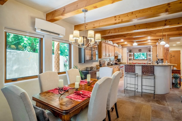 659 Bishops Ldg Unit 1 & 2, Santa Fe, NM 87501 - dining room with a wall unit AC, a chandelier, and beam ceiling