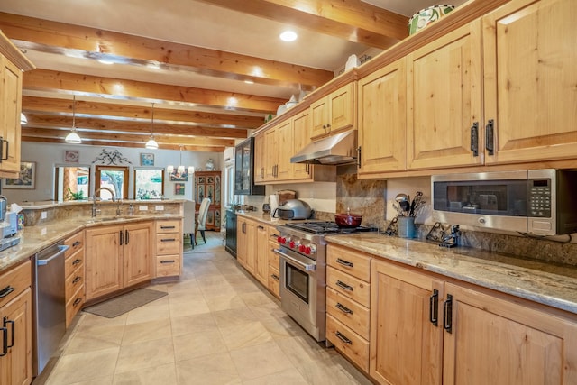 659 Bishops Ldg Unit 1 & 2, Santa Fe, NM 87501 - kitchen with stainless steel appliances, under cabinet range hood, light brown cabinetry, beam ceiling, and a peninsula
