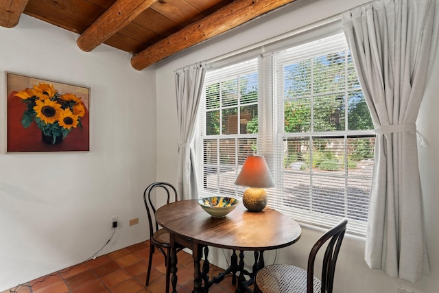 359 Garcia St, Santa Fe, NM 87501 - tiled dining area with a wood ceiling with exposed beams