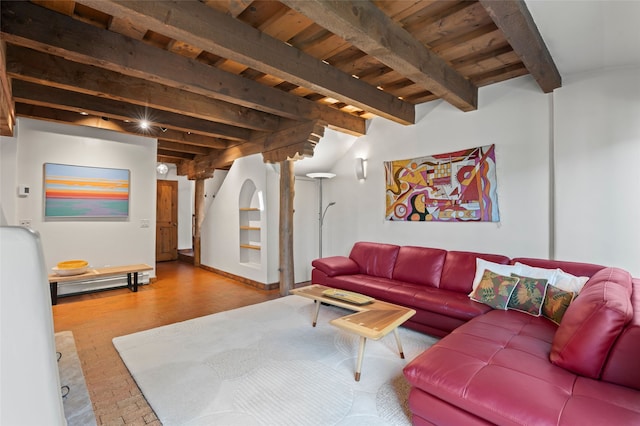 134 W Houghton St Unit D, Santa Fe, NM 87505 - living room featuring brick patterned flooring, stairway, and a wooden ceiling with exposed beams