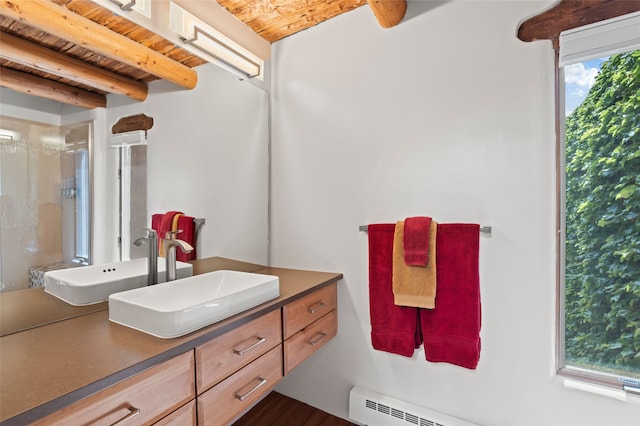 134 W Houghton St Unit D, Santa Fe, NM 87505 - bathroom with vanity, a wooden ceiling with exposed beams, baseboard heating, and a shower with door