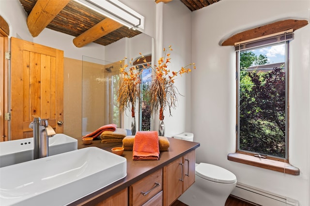 134 W Houghton St Unit D, Santa Fe, NM 87505 - bathroom with baseboard heating, walk in shower, vanity, and a wood ceiling with exposed beams