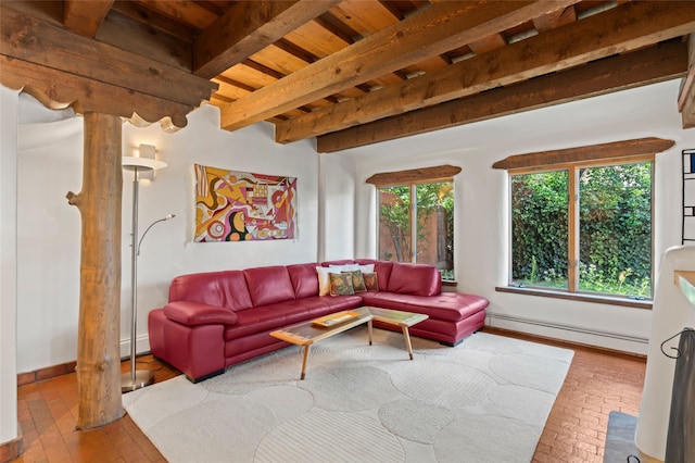 134 W Houghton St Unit D, Santa Fe, NM 87505 - living room featuring a baseboard radiator, a wood ceiling with exposed beams, baseboard heating, and wood-type flooring