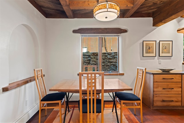 134 W Houghton St Unit D, Santa Fe, NM 87505 - dining room with a wood ceiling with exposed beams, baseboard heating, and wood finished floors