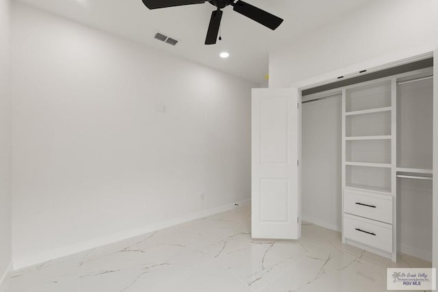 6245 Tiger Dr, Brownsville, TX 78521 - unfurnished bedroom with baseboards, recessed lighting, light marble finish flooring, and a ceiling fan