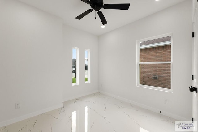 6245 Tiger Dr, Brownsville, TX 78521 - empty room with marble tiled flooring, baseboards, recessed lighting, and ceiling fan
