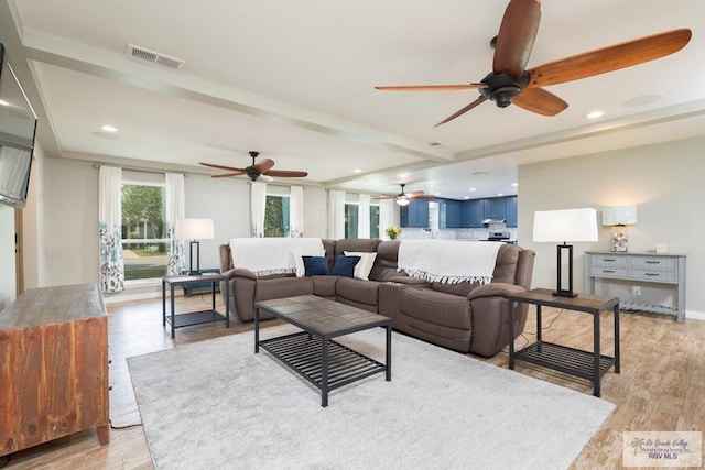 1409 Pine Ct, Harlingen, TX 78550 - living room featuring ceiling fan, light wood-type flooring, and recessed lighting