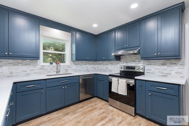 1409 Pine Ct, Harlingen, TX 78550 - kitchen with appliances with stainless steel finishes, under cabinet range hood, a sink, blue cabinetry, and light wood finished floors