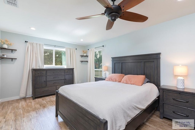 1409 Pine Ct, Harlingen, TX 78550 - bedroom featuring light wood-style flooring, baseboards, recessed lighting, and ceiling fan