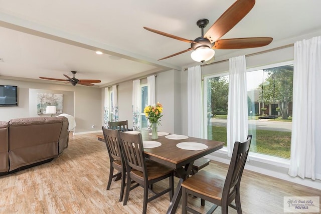 1409 Pine Ct, Harlingen, TX 78550 - dining area with a ceiling fan, baseboards, light wood-style flooring, and recessed lighting