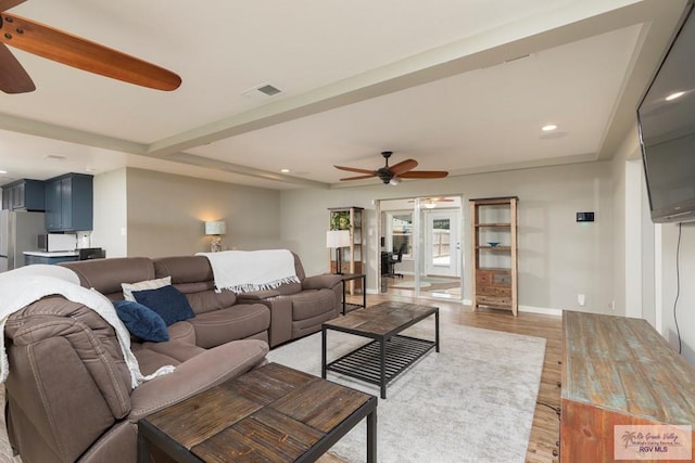1409 Pine Ct, Harlingen, TX 78550 - living area with ceiling fan, light wood-type flooring, recessed lighting, baseboards, and beamed ceiling