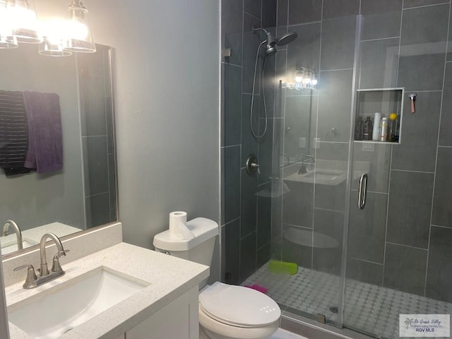 full bathroom featuring toilet, a stall shower, and vanity
