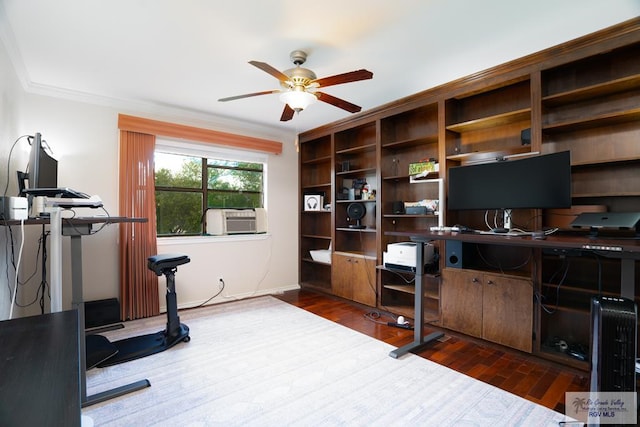 office featuring ceiling fan, dark hardwood / wood-style flooring, and crown molding