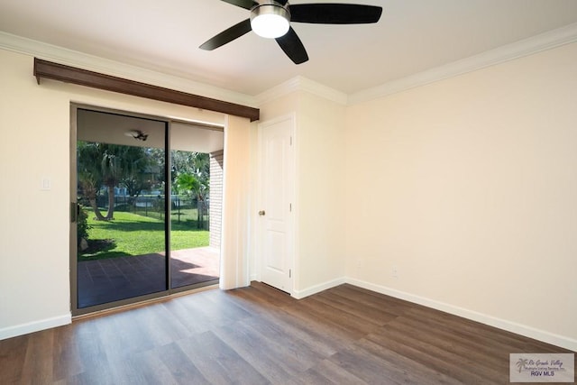 unfurnished room with ceiling fan, crown molding, and dark wood-type flooring