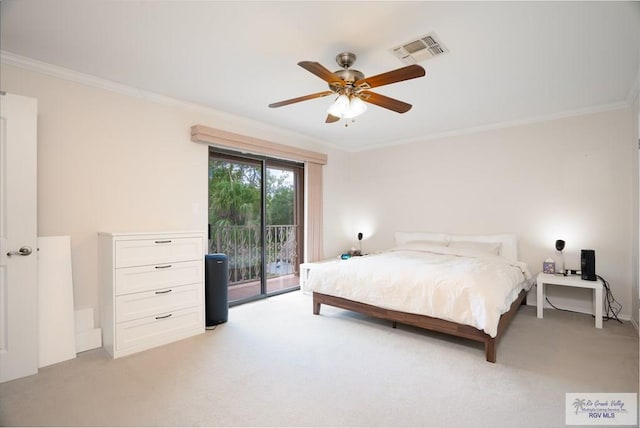 carpeted bedroom featuring access to outside, ceiling fan, and ornamental molding