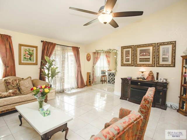 3104 Buckingham Ct, Brownsville, TX 78526 - living area with a ceiling fan, lofted ceiling, and light tile patterned floors