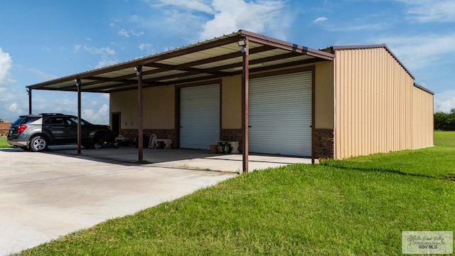 view of vehicle parking with a carport and a lawn