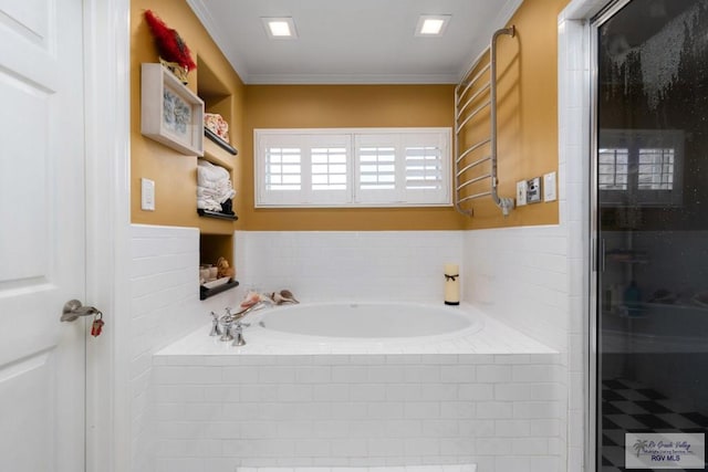 bathroom featuring independent shower and bath and ornamental molding