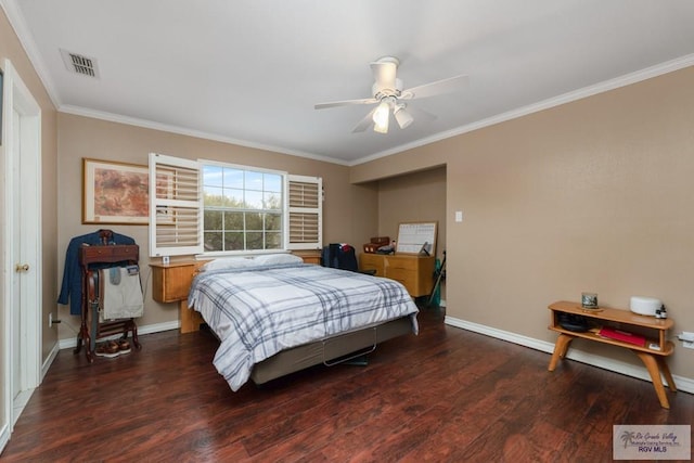 bedroom with ornamental molding, dark hardwood / wood-style floors, and ceiling fan