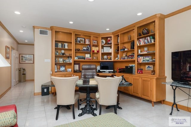 tiled office space with ornamental molding and built in desk