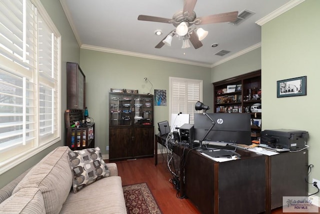 5363 Rustic Manor Dr, Brownsville, TX 78526 - office area featuring wood finished floors, ceiling fan, and ornamental molding