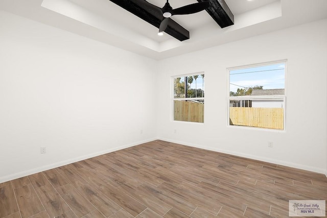 unfurnished room with a raised ceiling and ceiling fan