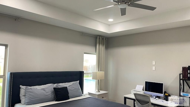 bedroom featuring ceiling fan and recessed lighting